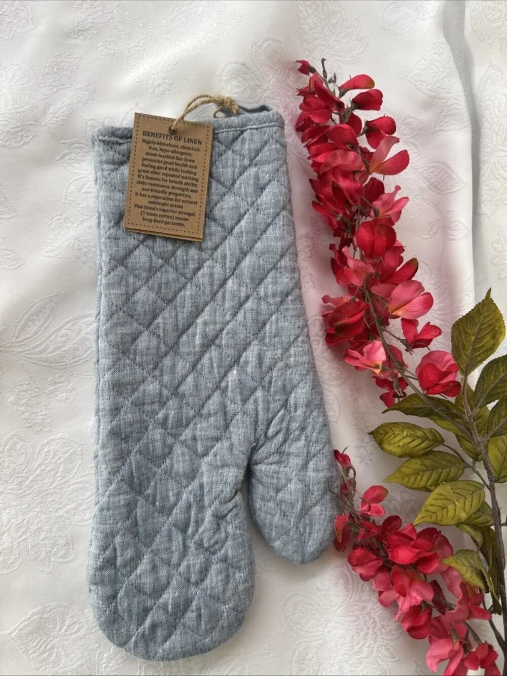 Vikolino Blue Gray Linen Quilted Oven Glove Machine Washable 12.5